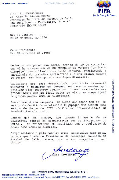 Joćo Havelange support Olympic Futsal