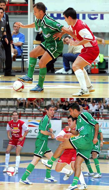 Photo 1: Marquinho defending the ball from Fran Serrejon - Photo 2: Joan in action against Fran Serrejon while Alvaro and Julio are looking (Photo courtesy: Enrique Serrano - LNFS)