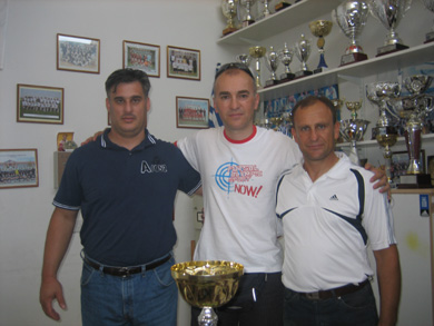 Yiannis Vakis, Mico Martic and Konstantinos Mavraganis during the visit at the Athienou Village and ENA Futsal Club (Photo courtesy: Yiannis Vakis - Futsal Cyprus)