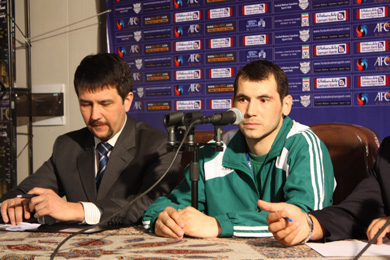 Stroitel Zarafshan*s coach Anvar Mamedov during the press conference (Photo courtesy: Konstantin Serikov)