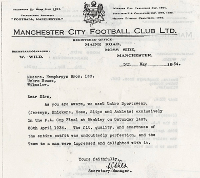 The telegram sent by Manchester City to their kit suppliers after their triumphant 1934 FA Cup Final