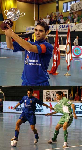 Photo 1: Kikillo with the cup - Photo 2: Miambres against Julio (Photo courtesy: URJC Mostoles FS)